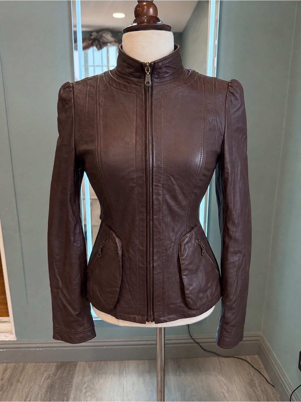 Vintage Plum Brown Genuine Sheepskin Leather Fitted Jacket XS/S